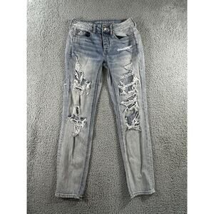 American Eagle Jeans Women 2 Mid Rise Distressed Tomgirl Tapered‎ Leg Light Wash